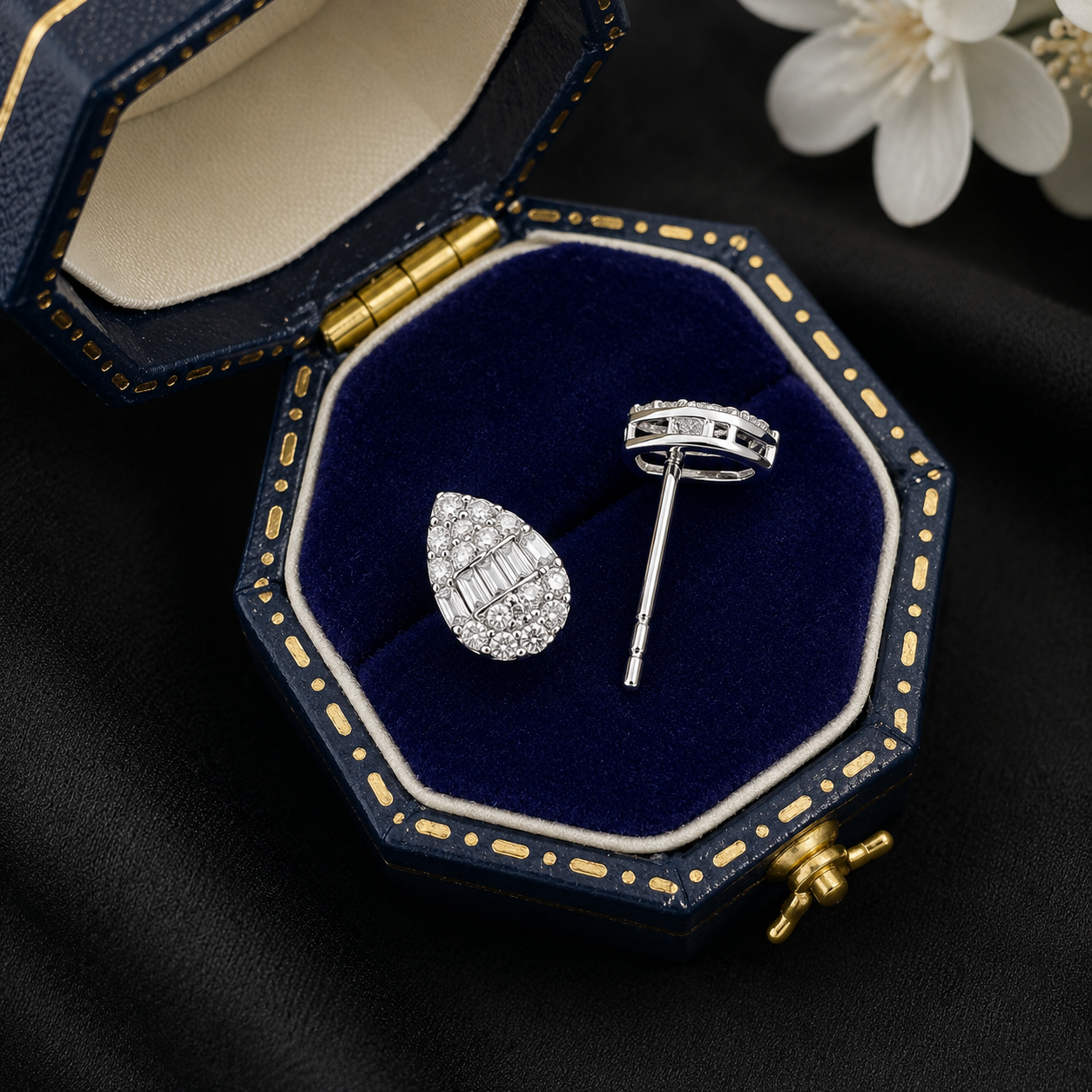 Teardrop diamond stud earrings alternate detail view